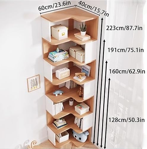 YQMHEZ Bibliothèque d'angle en Bois, Étagère D'affichage, Étagère de Rangement Autonome, Bibliothèque d'angle, Étagères pour La Décoration du Salon, Blanc + Naturel(7-Tier: 223cm) - Nail Gallerys