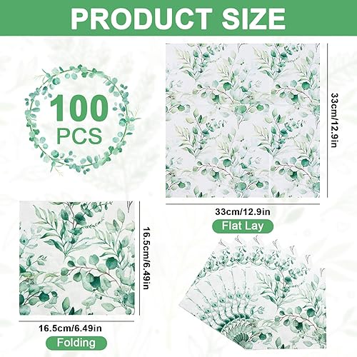 Druuzyl 100 Serviettes en Papier Eucalyptus Vert - Motif Naturel pour Baptême, Mariage et Fêtes, Serviettes Jetables Décoratives Style Vintage, Décoration de Table pour Cérémonies et Événements - Nail Gallerys