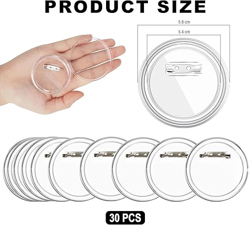 VIVIIHOO Lot de 30 Badges Personnalisés 58mm - Épingles Incluses - Ronds Transparent en Acrylique - Idéal pour DIY Porte-Nom, Vêtements et Photos - Nail Gallerys