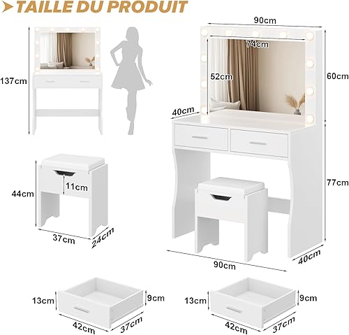 TRIUMPHKEY Coiffeuse avec Grand Miroir et Tabouret,Table de Maquillage avec Luminosité Réglable,3 Lumières LED de Couleur,2 Tiroirs, Adapté aux Chambres à Coucher Blanc, 90x40x137 cm - Nail Gallerys