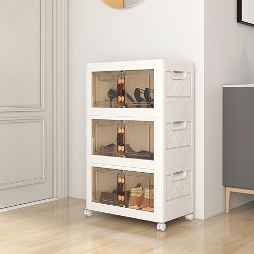 GOPLUS Boîtes de Rangement Empilables, 3 Bacs de Armoire avec Roues Verrouillables, Poignée Pratique, Commode Pliable en PP avec Couvercle & Portes pour Salon (44,5x30x77,5cm) - Nail Gallerys