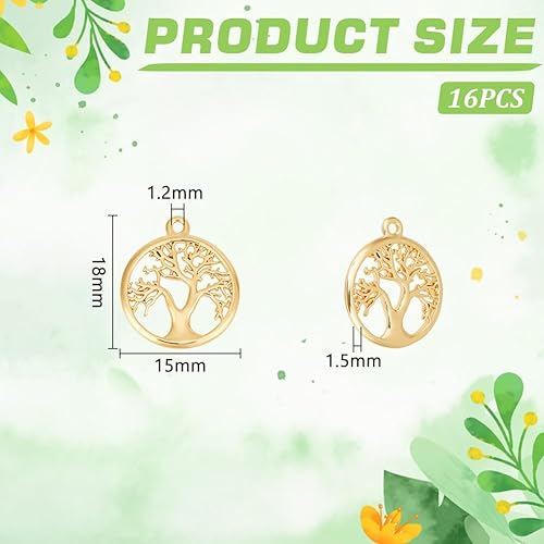 HOBBIESAY 16pcs 18k Plaqué Or Pendentif arbre Métal Amulette Bracelet Collier Boucles d'oreilles Porte-Clés Rond Métal Arbre de Vie Pendentif Bricolage Artisanat Porte-Clés Bracelet Collier - Nail Gallerys