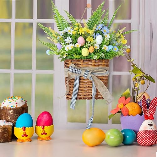 Whemyreat Couronne de Pâques avec œufs de 35 cm pour porte d'entrée, couronne de printemps pour la porte d'entrée, fleurs séchées artificielles, panier de fleurs pour le printemps et Pâques, - Nail Gallerys