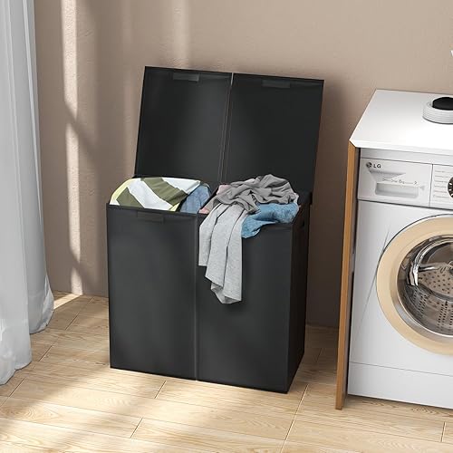 GOPLUS 115L Panier à Linge 2 Compartiments, Corbeille à Linge avec Couvercle et Poignées, Bac à Linge Sale en Tissu Non Tissé, Grande Capacité de Stockage, pour Buanderie - Nail Gallerys
