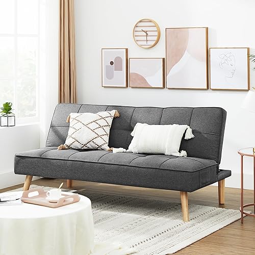 VASAGLE Futon Sofa Bed, Convertible Sofa Couch Sleeper, Cotton-Linen Upholstery and Wooden Legs, Gray LCS701G01 - Nail Gallerys