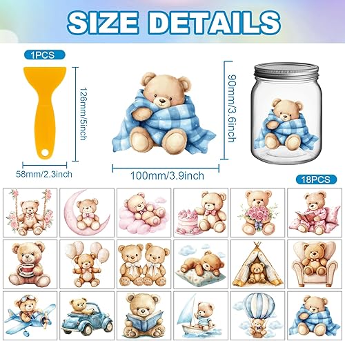 GLOBLELAND 18 feuille D'Autocollants de Transfert Colorés en Forme D'Ours Mignon 3.9x3.6 pouces pour Meubles Vases Verre Artisanat Décorations - Nail Gallerys