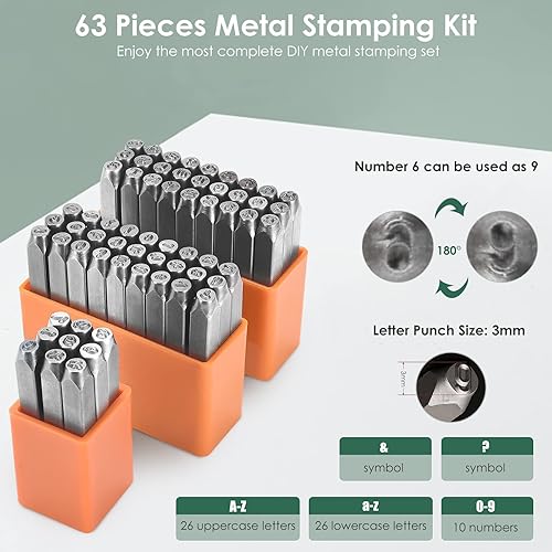 Kit d'estampage en Métal 63PCS, MINENICE Ensemble de Poinçons Chiffres et Lettres 3mm, Alphabet A-Z, a-z, Chiffres 0-9 & Symboles, Estampes pour Bijoux Outils de Poinçonnage pour Métal Bois Cuir DIY - Nail Gallerys