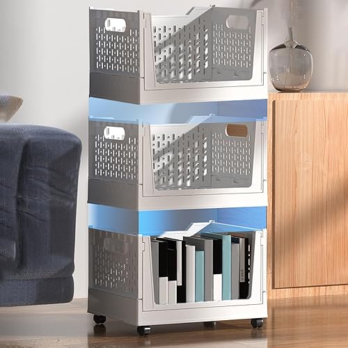 LANSKYLAN 3 Pcs Organisateur Armoire Vêtement Empilable, Panier Coulissant Dressing avec Roulette, Rangement Placard Dressing Plastique, Bac Coulissant Dressing Ouvert, pour T-Shirt Livre Vestiaire - Nail Gallerys