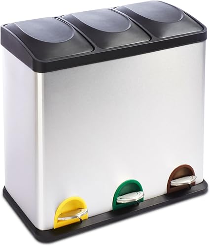 casa pura | Poubelle tri sélectif Brandon | Poubelle tri sélectif à pédale | Acier inoxydable - 3 bacs - Volume 24L - Nail Gallerys