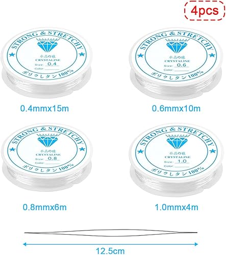 Fil Elastique pour Bracelet Resistant, 4 Rouleaux Fil pour Bracelet Perle Transparent, Fil pour Bracelet 0.4mm,0.6mm, 0.8mm, 1mm, avec et Aiguille à Perles pour Fabrication de Bijoux - Nail Gallerys