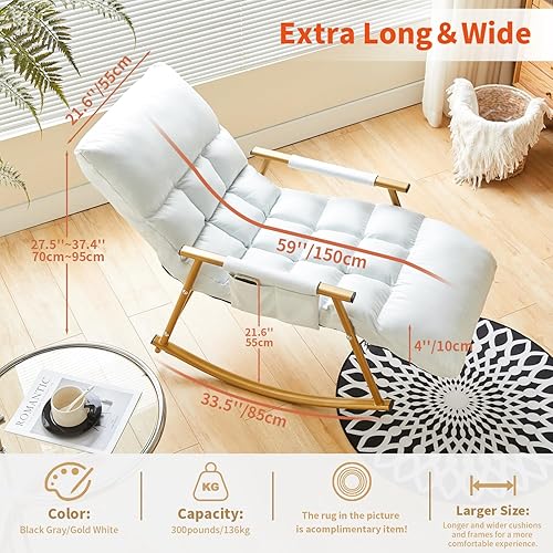 KAIHAOWIN Fauteuil à Bascule, Fauteuil à Bascule avec Dossier réglable sur 5 Positions et Repose-Pieds, Fauteuil à Bascule avec Poche latérale pour Salon, Chambre à Coucher, Blanc et doré - Nail Gallerys
