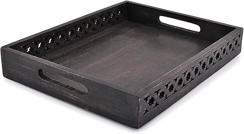 Samhita Plateau de Service rectangulaire en Bois de manguier - Plateau de Service pour thé/Boisson, dîner - Plateau de Service - Plateau à goûter - Noir (35,56 cm x 27,94 cm x 5,08 cm) - Nail Gallerys