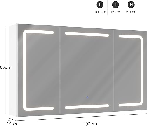 DICTAC Armoire Toilette Miroir avec éclairage LED et Prise 100x60x16 Armoires Salle de Bain avec 3 Portes Miroir et Étagère Réglable,Meuble Miroir Salle de Bain avec Rangement,3 Couleur Lumiere,Blanc - Nail Gallerys