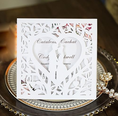 JinSu 20 Pcs Faire-part de Mariage Blanc, Laser Invites Mariage avec Feuilles Intérieures Vierge et Enveloppes pour Mariage, Anniversaires de Mariage, Fiançailles, Douche Nuptiale, Motif d’amour - Nail Gallerys
