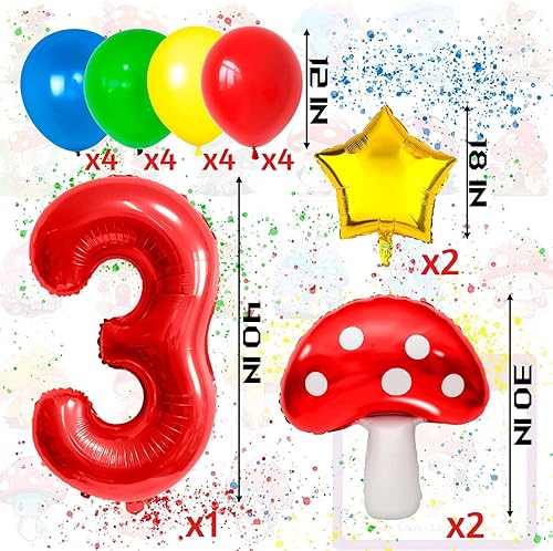 Ballon Champignon, 21 PCS Ballon Colorés Anniversaire, Ballons Anniversaire 3 Ans, Ballons en Aluminium en Forme de Champignon étoilé, Ballones en Latex Rouge, Bleu, Jaune et Vert (3 Ans) - Nail Gallerys