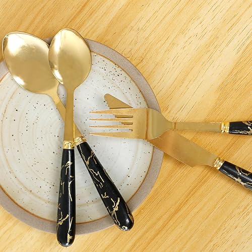 Silverware Ménagère de 24 pièces en acier inoxydable avec support de suspension pour 6 ustensiles de table poli miroir fourchettes, couteaux, cuillères pour la maison et la cuisine (noir) - Nail Gallerys