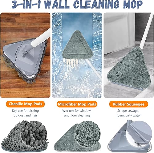 Onlyesh Triangle Rotatif à 360° Réglable Vadrouille de Nettoyage, avec 6 Chiffons de Remplacement, avec Tige Télescopique Balai Rotatif, Balai pour Nettoyer Les Murs, Plafond, Sol - Nail Gallerys