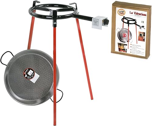 Eco Set Poêle à Paella 38 cm : Lot de 3 Pieds carrés + poêle à Paella en Acier Poli de 38 cm + brûleur à gaz de 300 mm - Nail Gallerys