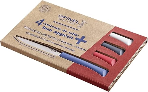 Opinel - Coffret 4 Couteaux de Table Bon Appétit+ Primo - Lame Denture Velours INOX - Manche Confort - Fabrication Française - Bleu, Rouge, Nuage, Anthracite - Nail Gallerys