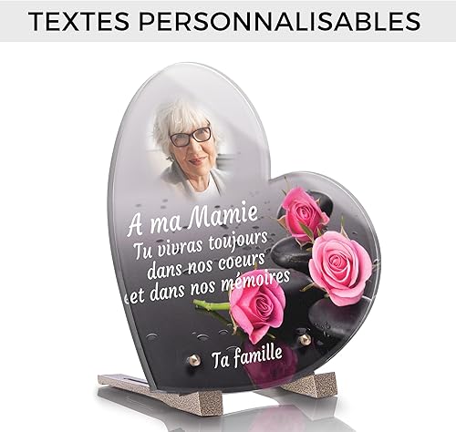 Plaque Funéraire Coeur Personnalisée - Avec photo - Roses Galets - Textes personnalisables, plusieurs lignes - Résistante aux Intempéries et Traitée Anti UV (21x21 cm (moyen)) - Nail Gallerys