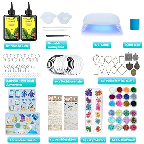 Kit de résine UV Vida Rosa 200g avec lampe UV, kit de démarrage pour le revêtement, 2 moules pour boucles d'oreilles, accessoires pour bijoux de collier, paillettes, fleur sèche, séchage rapide - Nail Gallerys