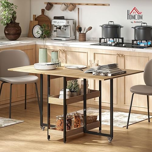 HOMCOM Table à Manger Pliante, Table Pliante Cuisine rectangulaire Extensible sur roulettes jusqu'à 4 Personnes avec Compartiments Ouverts, pour Petits espaces, Salle à Manger, chêne - Nail Gallerys