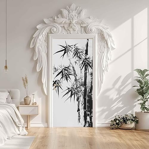 Sticker Porte Arbre Bambou, Papier Peint Plante Noir et Blanc Aquarelle, Autocollant Porte Auto-adhésif Amovibles, Pour Salon Chambre Décoration De La Maison 86x200cm - Nail Gallerys