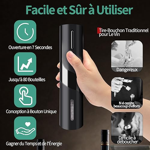 TEBIKIN Ouvre Bouteille de Vin Électrique, Ouvre Bouchon Automatique de Bouteille de Vin à Piles Avec Coupe Feuille, 2 Bouchon de Vide à Vin,Verseur pour Cadeau,Maison,Fête, BGS-KB1-601901A - Nail Gallerys