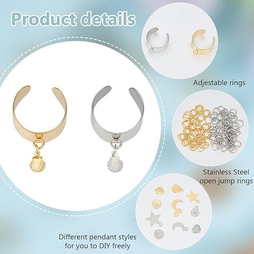 GOMAKERER 140 kit de Fabrication de Bagues à Breloques, Breloques Lune, Étoile, Coquillage et Cœur, Bague de Doigt et Anneau de Saut en Acier Inoxydable pour la Fabrication de Bijoux - Nail Gallerys