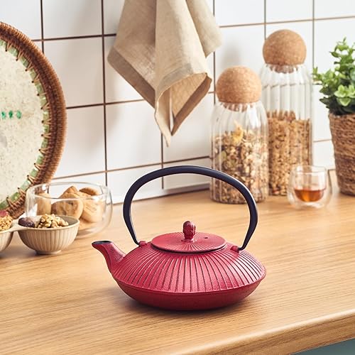 Karaca Théière japonaise en fonte avec infuseur pour feuilles et sachets de thé, 800 ml, rouge et noir - Nail Gallerys