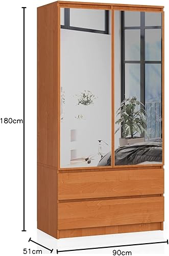 AKORD Armoire 2 Portes | Armoir Chambre | 2 Tiroirs 2 Etagères et Une Tringle et Miroir | L90 x H180 x P51 cm | Panneau Stratifié 16mm | Armoire sans Penderie Chambre Rangement - Nail Gallerys