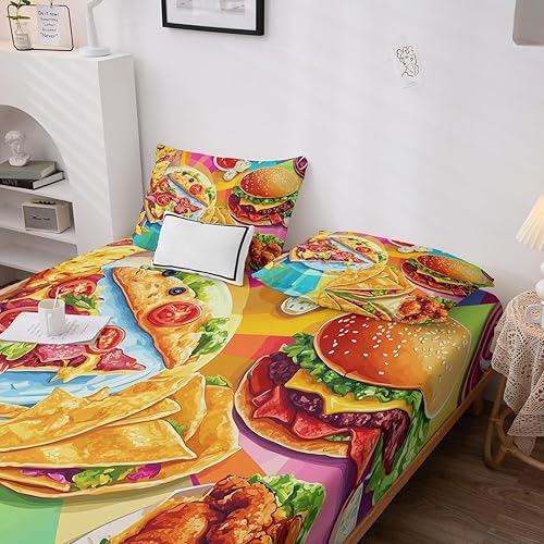 Générique Drap Housse 140x190 Pizza, avec 2 Taies d'oreiller 65x65 - Parure de Lit Motif Hamburger, Decoration Chambre, 2 Personnes, Bonnet 30, Microfibre Doux - SWE671 - Nail Gallerys