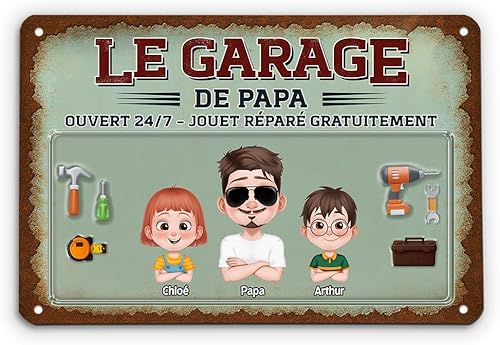 Cadeau Plus Plaque Métal Personnalisée - Le Garage De Papa - Plaque metal vintage, fete des peres cadre, deco garage vintage, cadeaux fetes des pere, plaque vintage, cadre papa (2 Enfants) - Nail Gallerys