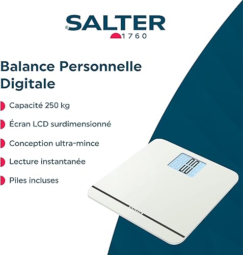 Salter 9075 WH3R MAX Pèse Personne Numérique, Balance Personnelle Électronique, Capacité Maximale 250KG, Écran Facile à Lire, Lecture Instantanée Précise, Mesures en KG ou st/lbs, Blanc - Nail Gallerys