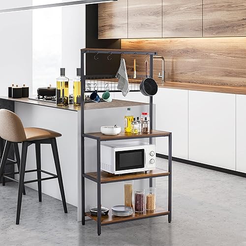 Yaheetech Étagère de Cuisine avec 5 Crochets Fixes & 5 Crochets Réglables, Support de Micro-Ondes pour Cuisine, 3 Étagères de Rangement, Style Industriel, Marron Rustique 80cm L x 38cm I x 170cm H - Nail Gallerys