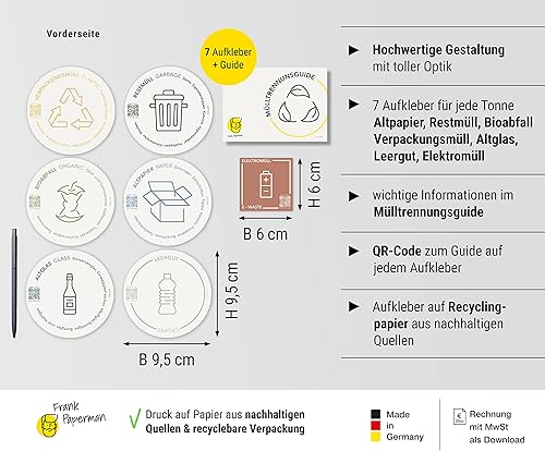 Frank Paperman® | 7 autocollants pour tri sélectif | autocollants | différentes couleurs | ronds | 9,5 x 9,5 cm | Autocollants pour poubelles en allemand et anglais avec code QR et guide de tri - Nail Gallerys