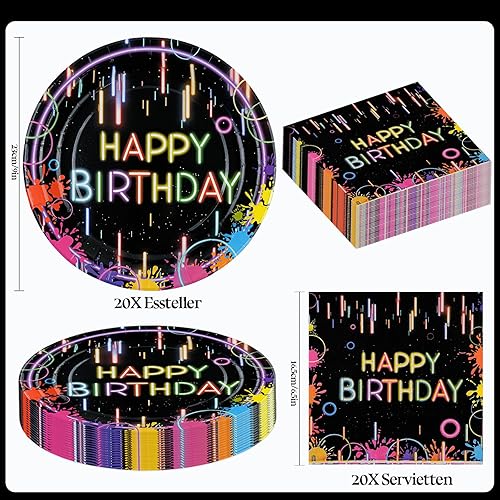 BOKFJBP Lot de 40 assiettes et serviettes de fête néon pour anniversaire - Vaisselle de fête - Brillance multicolore dans le noir - Décoration de fête - Pour anniversaire, fête prénatale - Pour 20 - Nail Gallerys