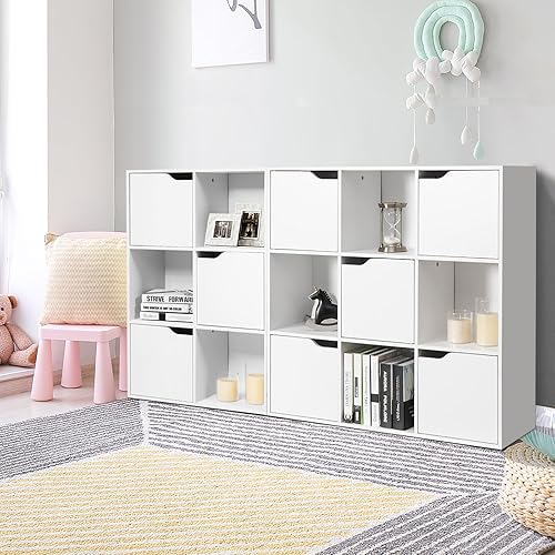 KOMFOTTEU Bibliothèque à 3 Niveaux avec 9 Compartiments, Autonome, Étagère de Bureau avec Fermeture magnétique, Armoire de classement, 90 x 29 x 90 cm, Gris foncé - Nail Gallerys