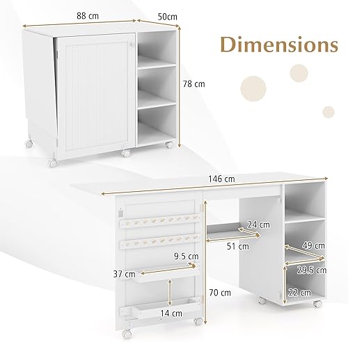 GIANTEX Table de Couture Pliante, Meuble Couture avec 18 Patères, 3 Conpartiments Ouverts, 3 Étagères pour Traveaux Manuels, 6 roulettes avec Freins, Meuble Machine à Coudre 146 x 50 x 78 CM - Nail Gallerys