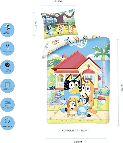 MTOnlinehandel Bluey Parure de lit 100 x 135 cm, 40 x 60 cm, 100 % coton, parure de lit pour bébé fille et garçon, multicolore, petite parure de lit pour enfant avec fermeture éclair - Nail Gallerys