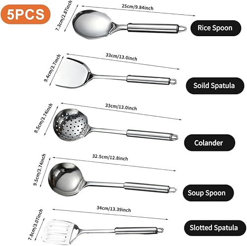 Lot de 5 ustensiles de cuisine en acier inoxydable - Gadgets - Ustensiles de cuisine résistants - Comprend une cuillère fendue, une spatule fendue, une grande cuillère, une cuillère à soupe, une - Nail Gallerys