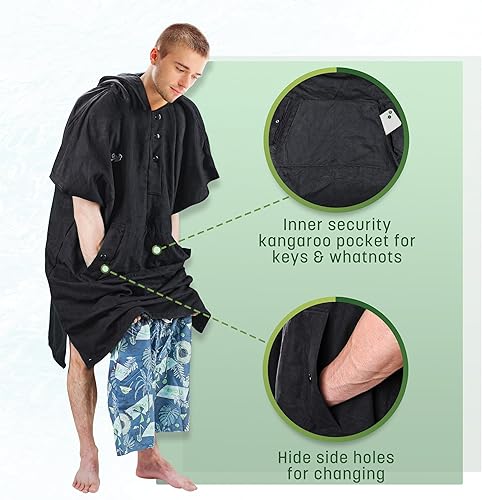 Kato Tirrinia Poncho de surf pour homme et femme - En microfibre - Avec capuche et poche - Serviette - Pour surfeurs, natation, camping, sauna, baignade - Taille L/XL - Vert armée - Nail Gallerys