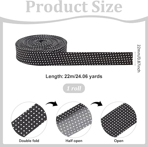 PH PandaHall Ruban de Biais Double Pli 22m Ruban de Biais en Tissu Ruban de Biais de Couture Tissu de Biais Noir de 2.6cm avec Point Blanc pour L'Artisanat Couture Passepoil Couture - Nail Gallerys