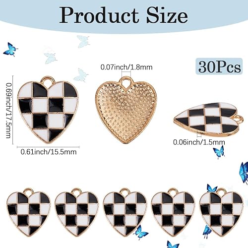 SUNNYCLUE 1 boîte de 30 breloques en Forme de Cœur Noir et Blanc Breloque en Forme de Drapeau à Damier en Métal Émaillé Motif de Course Breloque en Forme de Cœur Chic pour la Fabrication de Bijoux Bre - Nail Gallerys