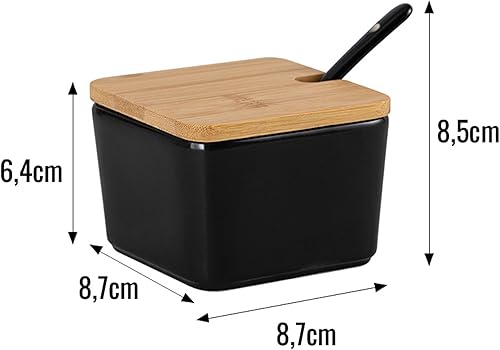 GALICJA OSBORN Sucrier en céramique avec cuillère et couvercle en bambou – Sucrier noir – Sucrier robuste et spacieux en céramique avec couvercle et cuillère – Accessoire de cuisine – 9,8 x 9,8 x 11,8 - Nail Gallerys