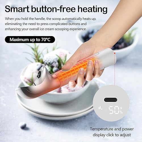 Cuillère à Glace Electrique Chauffée, Cuillere Glace en Acier Inoxydable Rechargeable avec affichage LED,2 Oz par Cuillère, IP67 étanche Cuillere a Glace pour Glaces, pâte à Biscuits, Sorbet, Amande - Nail Gallerys