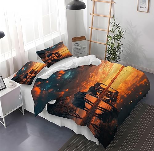 Parure de Lit avec Housse de Couette 240x220 et Taie D'Oreiller Motif Éléphant, Motif Coucher de Soleil Sur La Savane Africaine, Style Safari Exotique, pour enfants, Adolescents et Adultes, King Si - Nail Gallerys
