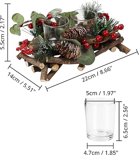 Belle Vous Couronne de Noel avec Porte-Bougies - Support Bougies Couronne Avent Artificielle -Cônes de Pins et Baies de Houx Rouges (4 Bougeoirs en Verre) - Nail Gallerys