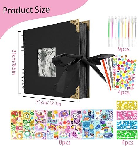 Album Photo Scrapbooking, 80 Pages Noir Livre Photo 31 * 21 cm Scrapbooking avec 6 Marqueurs Stylos 4pcs Pochoirs 8pcs Autocollants et 4pcs Scrapbooking Kit pour Famille Festival - Nail Gallerys
