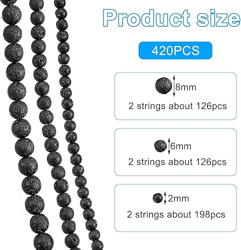 4 6 8mm 420 pièces Lave Noire Roche Volcanique Perle Pierre Naturelle Ronde en Vrac Perles Semi Precieuse pour Fabrication de Bijoux de Bracelets et de Colliers - Nail Gallerys